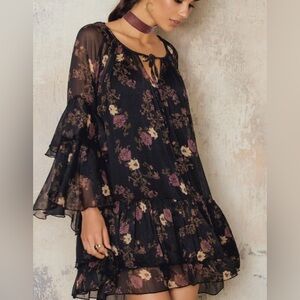 Free People sunsetter black floral drop waist ruffle sleeve mini dress S…